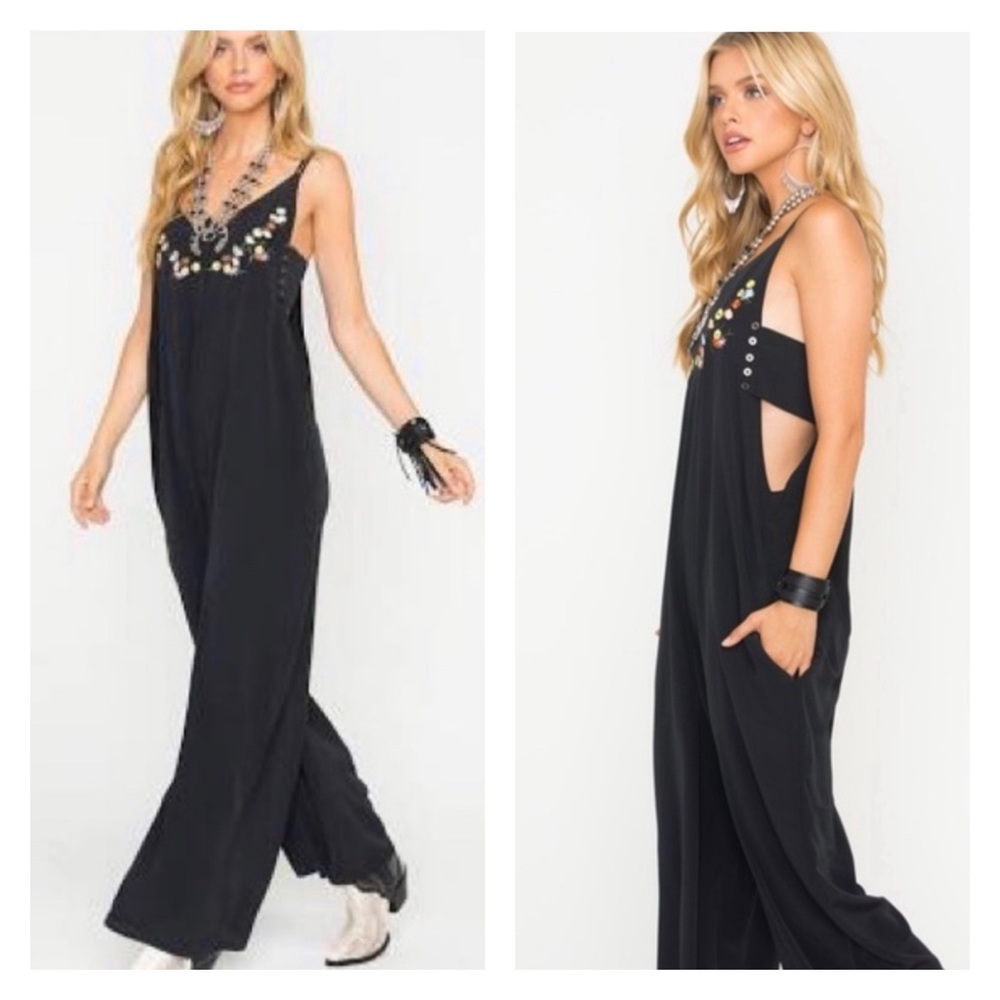 JACK by BB DAKOTA Agnesi Hammered Crepe Embroidered Boho Jumpsuit M
